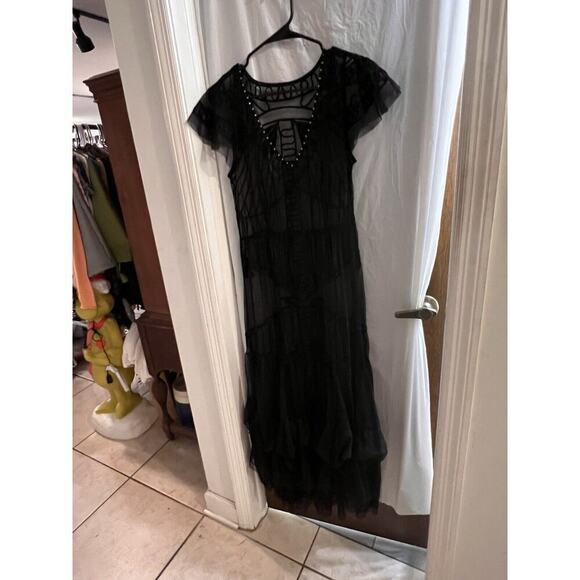 Black Sheer Mesh Embroidered Petticoat Hem Maxi Dress Size S Whimsy Goth Witchy - Picture 1 of 6